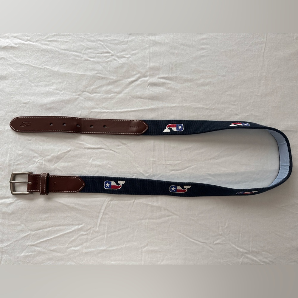 Vineyard Vines Brown and Navy Belt with classic whale with Texas Flag Design